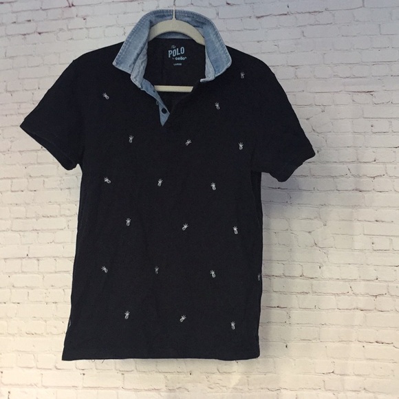 Celio Polo Shirt w/Denim Collar & Pineapple print - Picture 1 of 5